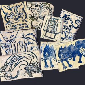 Blue ink, cream/white fabric